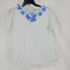 Poppet & Fox Blue White Striped Top With Embroidered Tassel Neckline Girls Sz 14